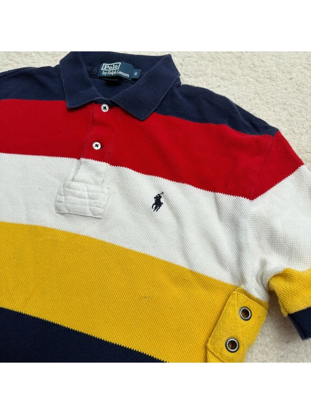 Vintage Polo Ralph Lauren Striped Polo Shirt Mens S Navy Red Gold Rugby Y2K 90s